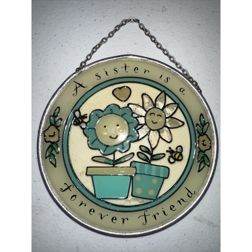 Vtg Amia Stained Glass Flowers Sisters Friend Suncatcher Hanging Window Ornament